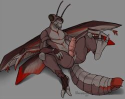 2025 2_toes 4_arms 5_fingers animal_genitalia antennae_(anatomy) anthro anus arm_markings arthropod arthropod_abdomen brown_body chest_markings compound_eyes digital_media_(artwork) erection feet finger_markings fingers foreskin genital_slit genitals hand_on_leg hand_on_thigh insect_wings insects knot looking_at_viewer lying male mandibles mantis markings multi_arm multi_limb neck_markings nemesisilit nude ocellis penis presenting presenting_penis red_markings ridged_penis shay_milner simple_background slit_penis solo spread_legs spread_wings spreading toes urethra wings
