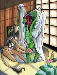 2005 akiyu anthro armpits ayame_emaya bath bathing black_hair chinese_dragon couple dragon eastern erection eye_contact feathered_wings feathers furry furry_only gay green_dragon hair long_hair love male no_humans nude oriental penis ryuki scalie shower soap soaping water wet whiskers wings zakkie_starres