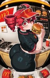 1girl ahoge ai_generated alternate ass big_ass captured employee_uniform fat_ass from_above from_behind hamburger kasane_teto looking_at_viewer mcdonald's shewwwhore utau wide_eyed