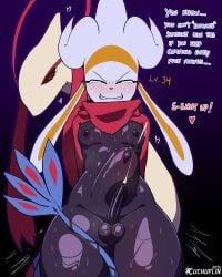 2025 absurd_res anthro balls blush bodily_fluids cuchuflin cum dialogue duo english_text erection femboy fur generation_3_pokemon generation_8_pokemon genital_fluids genitals heart_symbol hi_res humanoid_genitalia humanoid_penis male milotic nintendo penis pokemon pokemon_(species) raboot sweat sweatdrop sweaty_balls sweaty_genitalia sweaty_legs text white_body white_fur