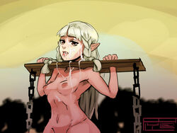 bondage braid brown_eyes cum cum_in_mouth dragon's_crown elf elf_(dragon's_crown) facial female flat_chest long_hair navel nipples nude open_mouth pillory platinum_blonde_hair pointy_ears polyle public_use puffy_nipples rape shackle tongue tongue_out twin_braids