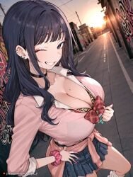 ai_generated bangs big_breasts black_hair blue_eyes bowtie choker cleavage detailed earrings female graffiti gyaru hands_on_hip heterochromia jewelry kaoru_hana_wa_rin_to_saku kaoruko_waguri leopard_print leopard_print_bra long_hair looking_at_viewer mole_under_breast outdoors peace_sign pink_bow pink_sweater plaid_skirt pov prostitution purple_eyes reapz_y revealing_clothes school_uniform scrunchie short_skirt smile solo standing street sunset urban visible_bra wavy_hair wink winking_at_viewer