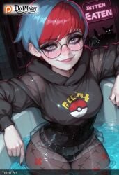 ai_generated artist_name blue_hair dollmaker dollmaker_(artist) female glasses hood hood_down hoodie jacket looking_at_viewer multicolored_hair patreon_logo patreon_username penny_(pokemon) pokemon red_hair smile tagme two-tone_hair watermark web_address wet
