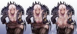 absurdres aroused aversa_(fire_emblem) breast_expansion breasts bridal_gauntlets cleavage commentary commission dark-skinned_female dark_skin english_commentary facial_mark feather_trim female fire_emblem fire_emblem_awakening hanging_breasts heavy_breathing highres huge_breasts jotmanlol lactation large_breasts leaning_forward moaning motion_blur nipple_slip nipples no_panties pussy sagging_breasts sequential skindentation solo sweat thick_thighs thighhighs thighs very_sweaty white_hair white_lips