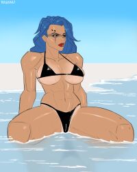 abs beghast big_breasts bikini black_bikini blue_hair fit_female high_resolution highres junker_queen light-skinned_female muscular_female odessa_stone overwatch overwatch_2 piercings sea sweat sweatdrop sweating tanline tanned tanned_skin thick_thighs wet_body