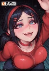 ai_generated artist_name black_hair blue_eyes blush breast_press breasts choker dollmaker dollmaker_(artist) female hair_ornament hairband hairclip heart-shaped_pupils heart_choker lips looking_at_viewer lying miside mita_(miside) nose_blush open_mouth patreon_logo patreon_username smile solo sweat tagme watermark web_address