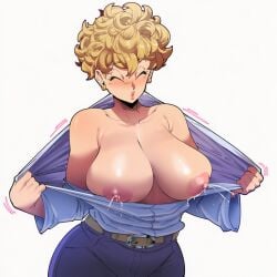 1girls ai_generated big_breasts blonde_hair breasts_out dragon_ball dragon_ball_super dragon_ball_z female lactation large_breasts mature_female milf milk mullon novelai open_clothes panchy panchy_(dragon_ball) panchy_briefs removing_clothing