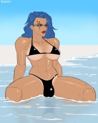 1girls abs beghast black_bikini blue_hair bulge fit_female futa_only futanari high_resolution highres huge_bulge junker_queen light-skinned_female muscular_female odessa_stone overwatch overwatch_2 solo solo_focus sweat sweatdrop sweating sweaty tanline tanned wet wet_body