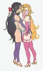 2boys angry armwear ass big_penis blonde_hair bulge crossdressing dancer_outfit femboy feminine_male feminization garfiel_tinsel hair_over_one_eye hands_on_ass heels height_difference loincloth long_hair looking_at_viewer mouth_veil muscular muscular_male natsuki_subaru re:zero_kara_hajimeru_isekai_seikatsu seductive sharp_teeth side_view thighhighs veil white_background