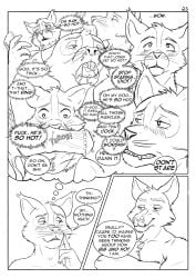 alphasabre anthro blush blush_lines canid canine comic comic_panel dialogue domestic_cat duo felid feline felis flashback flirting fox hi_res male mammal montage muscular muscular_anthro muscular_male speech_bubble thought_bubble