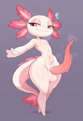 ai_generated anthro axolotl balls big_balls big_penis digital_media_(artwork) erection genitals girly hellsonger hi_res huge_cock long_penis male mole_salamander narrowed_eyes navel nintendo nude penis pink_eyes pokemon pokemon_(species) salamander_(amphibian) scalie simple_background small_but_hung smile solo standing tapering_penis thick_thighs wide_hips