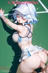1girls ahe_gao ahegao_face ai_generated anal anal_sex anime_style blue_eyes cum doggy_style furina_(genshin_impact) genshin_impact hentai medium_breasts sex tennis_uniform watermark white_hair