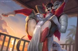 2_penises aib_leyley akira_dakidax animal_genitalia animal_penis anthro apode ass balcony beach big_breasts big_penis black_body black_fur black_hair bodily_fluids breasts canid canid_demon canine canis chest_tuft clothed clothing demon digital_media_(artwork) draconcopode dress duo erection eye_contact fangs female fluffy forked_tongue fur genital_fluids genital_slit genitals grey_body grey_clothing grey_dress grey_fur grey_scales hair hellhound hemipenes hi_res holding_leg holding_legs_up huge_breasts jacket legless living_tail long_hair looking_at_another male male/female mammal multi_genitalia multi_penis multicolored_body multicolored_ears multicolored_fur multicolored_hair mythological_canine mythological_creature mythology naga nipple_outline nipples nude open_mouth outside palm_tree penetration penile penile_penetration penis plant red_eyes red_hair red_sclera red_tail reptile reverse_stand_and_carry_position reverse_suspended_congress_position scales scalie seaside serpentine sex shirt silver_clothing simple_background sky smile snake snake_penis snake_tail spiked_penis spikes spikes_(anatomy) stand_and_carry_position standing standing_sex sunset tail teeth thick_thighs tongue tongue_out topwear tree tuft unusual_anatomy unusual_genitalia unusual_penis unusual_tail vest water white_body white_fur wolf