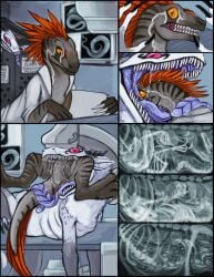 acidic ambiguous_gender black_claws claws comic digestion dinosaur dromaeosaurid duo fatal_vore feral fur glistening glistening_eyes grey_body hi_res in_mouth internal markings mouth_closed oral_vore orange_eyes pink_eyes prehistoric_species pupils purple_tongue reptile scalie sharp_teeth slit_pupils striped_legs striped_markings striped_neck striped_tail stripes synx tail tail_markings teeth theropod tongue vore white_body white_fur