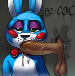 2023 2boys balls bear big_penis blowjob blue_fur blush bowtie chipchell fellatio five_nights_at_freddy's freckles freckles_on_face furry gay glory_hole green_eyes huge_cock male male_only penis purple_eyeshadow rabbit scottgames sucking_penis toy_bonnie_(fnaf) toy_freddy_(fnaf) white_fur