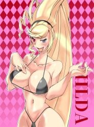 1girls big_breasts bikini blush breasts ecchi female female_focus female_only happy hilda_(under_night_in-birth) large_breasts lipstick looking_at_viewer ponytail text under_night_in-birth yoshitsuki