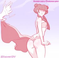 1girls 2025 annoyed artist_name ass assisted_exposure avatar_the_last_airbender back_view bangs bikini bikini_skirt bird black_and_white blush bottom_heavy breasts chickpea clothed clothed_female clothing embarrassed exposed exposed_ass female greyscale hair hi_res human legs_together light-skinned_female light_skin long_hair looking_back mai_(avatar) monochrome nickelodeon skirt skirt_lift small_breasts solo standing thighs wide_hips