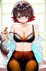 ai_generated bare_shoulders black_bra black_hair black_panties black_pantyhose blush bow bow_bra bow_panties bra breasts brown_hair brown_pantyhose candy cleavage closed_mouth collarbone colored_inner_hair cowboy_shot ellen_joe female fins fish_tail food food_in_mouth gloomproject hair_between_eyes hair_ornament hairclip high-waist_pantyhose holding holding_candy holding_food holding_lollipop lace-trimmed_bra large_breasts lizard_tail lollipop long_sleeves looking_at_viewer medium_breasts mole mole_on_breast mole_under_eye mouth_hold multicolored_hair nail_polish navel off_shoulder on_bed open_clothes open_shirt panties panties_under_pantyhose pantyhose red_eyes red_hair red_nails red_tail reward_available self_upload shark_girl shark_tail shirt short_hair sitting solo stomach strap_slip tail two-tone_hair underwear virtual_youtuber white_shirt window x_hair_ornament