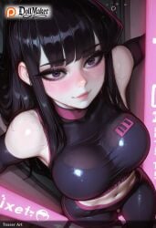 ai_generated armpits bangs black_hair blush breasts cover dollmaker dollmaker_(artist) elbow_gloves female from_above gloves large_breasts latex long_hair looking_at_viewer looking_up lying navel on_back purple_eyes skin_tight smile solo tagme