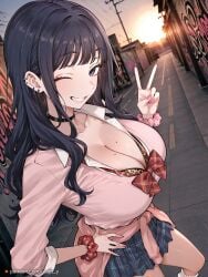 ai_generated bangs big_breasts black_hair blue_eyes bowtie choker cleavage detailed earrings female graffiti gyaru hands_on_hip heterochromia jewelry kaoru_hana_wa_rin_to_saku kaoruko_waguri leopard_print leopard_print_bra long_hair looking_at_viewer mole_under_breast outdoors peace_sign pink_bow pink_sweater plaid_skirt pov prostitution purple_eyes reapz_y revealing_clothes school_uniform scrunchie short_skirt smile solo standing street sunset urban visible_bra wavy_hair wink winking_at_viewer