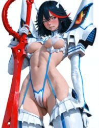 ai_generated ass_visible_through_thighs blush breasts bursting_breasts cameltoe covered_nipples embarrassed fat_mons female from_below hip_dips holding_weapon junketsu kill_la_kill looking_to_the_side matoi_ryuuko medium_breasts multicolored_hair navel planted_sword puffy_nipples revealing_clothes scissor_blade_(kill_la_kill) shy underboob white_background