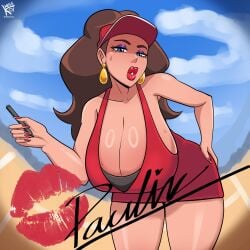 1girls bent_over big_breasts breasts brown_hair cleavage clothing ear_piercing english_text enormous_breasts female female_only gigantic_breasts huge_breasts human human_only kiss_mark large_breasts light-skinned_female light_skin lipstick lipstick_mark looking_at_viewer mario_(series) mario_tennis massive_breasts mature mature_female misskoi nintendo pauline pauline_(tennis)_(mario) pen red_clothing red_hat red_lipstick sexy signature solo solo_female solo_focus voluptuous voluptuous_female