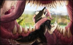 16:10 acidic ambiguous_gender animal_genitalia animal_penis anthro black_body black_fur bodily_fluids brown_eyes brown_markings canid canine canine_genitalia canine_penis cum cum_on_tongue duo ears_back erection fur genital_fluids genitals grey_markings hybrid imminent_vore inside_mouth male mammal markings narrowed_eyes nude on_tongue penis pivoted_ears red_penis saliva saliva_on_arms saliva_on_legs saliva_on_tail saliva_string sergal size_difference tongue white_body white_fur widescreen