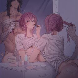 1boy 1girls ankle_wrap arm_wrap bandaged_arm bandaged_hand bandages bandaid blade_(honkai:_star_rail) blush breasts collarbone female female/male gnarlypzofbread honkai:_star_rail honkai_(series) hoyoverse kafka_(honkai:_star_rail) leg_wrap long_hair male mihoyo mirror mirror_reflection ponytail scar sex_from_behind shirt straight
