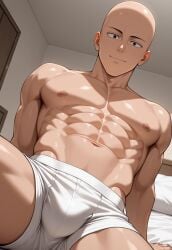 1boy abs ai_generated arm_support bald bara boxer_briefs boxer_briefs_only bsky_link bulge civitai dvxxxgrai gay illustrious_(stable_diffusion) lying_on_bed male male_only navel nipples nude one_punch_man saitama saitama_(one-punch_man) smile solo solo_male tagme underwear underwear_only white_boxer_briefs white_male_underwear white_underwear