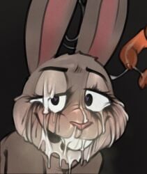 2024 black_background buckteeth chipchell cum cum_on_ears cum_on_face disney female female_focus furry gray_fur grey_fur heart-shaped_pupils judy_hopps male nick_wilde orange_fur post_orgasm purple_eyes rabbit running_mascara runny_makeup zootopia