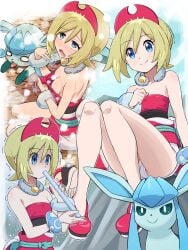 absurdres blonde_hair blue_eyes blush bracelet breasts closed_mouth eyelashes female flute gen_4_pokemon glaceon hair_between_eyes hairband highres instrument irida_(pokemon) jewelry looking_at_viewer neck_ring nintendo open_mouth pokemoa pokemon pokemon_(creature) pokemon_legends:_arceus red_hairband red_shirt sash shirt short_hair shorts smile solo strapless strapless_shirt white_shorts