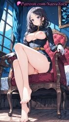 1girls 2025 ai_generated bare_legs barefoot belt black_hair blush braid breasts breasts_out chair curtains earrings feet full_moon gloves gold_trim han_semi hi_res highres indoors jewelry legs long_hair long_sleeves looking_at_viewer military_uniform moon natsuyoru night nipples no_panties parted_bangs patreon purple_eyes purple_hair pussy sitting solo solo_leveling thighs toenails toes uncensored vagina voluptuous voluptuous_female white_gloves window