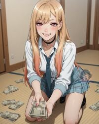 ai_generated ai_generated_sluts blonde_hair financial_domination findom kitagawa_marin kneeling kneeling_female money offering offering_money offering_to_viewer smiling