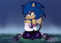 absurd_res alternate_costume anthro ass ball_bulge balls_outline bedroom_eyes big_breasts big_butt breasts bulge cardboard_wings clothing clothing_swap detailed_bulge eulipotyphlan genital_outline grass_field gynomorph hedgehog hi_res intersex looking_at_viewer mammal narrowed_eyes night pulling_down_top rouge_the_bat_(cosplay) seductive sega showing_chest sitting sitting_on_ground solo sonic_(series) sonic_the_hedgehog sonic_the_hedgehog_(series) theblueorc tight_clothing