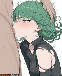 1boy 1girls 2025 ai_assisted ai_generated anime anime_girl anime_style artist_name black_dress blush breasts censored clothed_female_nude_male cum cum_in_mouth curly_hair deepthroat dress fellatio female green_eyes green_hair hi_res high_res high_resolution highres irrumatio nude one-punch_man oral patreon patreon_username penis rinkoai short_hair simple_background small_breasts solo_focus straight sweat tatsumaki testicles torn_clothes torn_dress uncensored watermark white_background