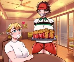 2girls baseball_cap blonde_female blonde_hair blue_eyes blush blushing blushing_female bondage braided_hair ceiling_fan chair clothed clothed_female commission commission_art commissioner_upload crotch_rope drool drooling ear_ring earrings elf elf-san_wa_yaserarenai elf_ears elf_female elfuda fast_food female french_fries fries gagged gagged_female huge_breasts long_hair plus-sized_elf satero serving_food serving_tray shibari_over_clothes shirt short_hair sitting sitting_at_table sitting_on_chair table tagaen810 tagme tape tape_gag taped_mouth yellow_eyes