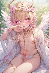 ai_generated angel angel_boy angel_wings blonde_hair blonde_hair blonde_hair_male blonde_male cupid cute eros femboy flower_crown flower_in_hair flower_on_head flowers god god_of_love greek_god greek_mythology heart heart-shaped_pupils heart_eyes lithe nipples pink pink_eyes pink_hair pink_hair_male pink_nipples pretty twink