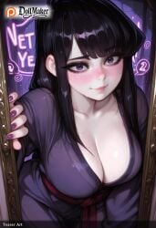 ai_generated black_hair black_nails blush breasts cleavage dollmaker dollmaker_(artist) female komi-san_wa_komyushou_desu komi_shouko large_breasts long_hair looking_at_viewer nail_polish pink_nails purple_eyes purple_nails red_nails solo tagme watermark