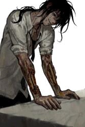 1boy against_table bags_under_eyes beard_stubble black_hair black_necktie blood blood_on_arm blood_on_face bone collared_shirt deep_wound dilated_pupils dirty dirty_clothes facial_hair guro hair_over_one_eye head_tilt highres homicipher injury leaning long_hair maggot male_focus messy_hair mr._crawling necktie open_clothes open_shirt shirt solo squalid114617 stubble upper_body white_background white_shirt