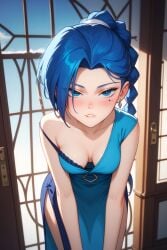 ai ai-created ai_art ai_assisted ai_generated ai_hands asian asian_female blue_dress blue_eyes blue_hair blush breasts cleavage cleavage_cutout cleavage_window close-up down_blouse downblouse dress earrings female medium_breasts ponytail portrait removing_clothing svpk76 thirteen_(scissor_seven) undressing