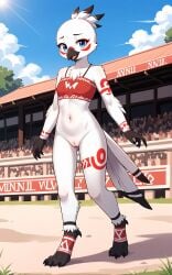 1girls 2025 ai_generated anthro avian beak bird blue_eyes bottomless bottomless_female digitigrade female female_only hi_res innie_pussy outdoors pussy red_markings smile tribal tribal_markings white_body white_feathers