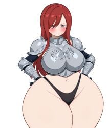 1girls ai_generated annoyed armor bare_thighs black_panties blush breastplate curvy embarrassed erza_scarlet exposed_thighs eyes_half_open fairy_tail female female_only gardener_ai gauntlets hair_over_one_eye highleg_panties hourglass_figure illustrious_(stable_diffusion) large_breasts long_hair midriff navel no_pants no_skirt panties partially_clothed pauldrons pear_shaped red_hair shoulder_armor shoulder_pads simple_background solo stable_diffusion thick_thighs thong voluptuous white_background wide_hips