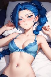 ai ai-created ai_art ai_assisted ai_generated ai_hands asian asian_female belly_button belly_piercing blue_bra blue_eyes blue_hair bra breasts cleavage cleavage_cutout cleavage_window female laying_down laying_on_back laying_on_bed lingerie lingerie_bra medium_breasts partially_clothed scissor_seven svpk76 thirteen_(scissor_seven)