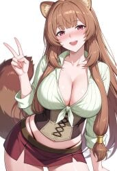 :d ai_generated animal_ear_fluff animal_ears blunt_bangs blush breasts brown_hair cleavage collarbone corset cowboy_shot female hand_up large_breasts long_hair long_sleeves looking_at_viewer miniskirt open_mouth panties panty_straps patreon_username raccoon_ears raccoon_girl raccoon_tail raphtalia red_eyes red_skirt shadowrealmarts shirt simple_background skirt smile solo tail teeth tied_shirt uncensored underwear v very_long_hair white_background
