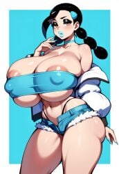 1girls ai_generated arched_back areola areolae arm_at_side bare_shoulders bimbo bimbo_body bimbo_lips bimbofication bimbofied black_hair bored bored_expression breasts breasts_bigger_than_head candice_(pokemon) choker cleavage colored_nails expressionless eyeshadow female fur-trimmed_shorts fur_trim game_freak gigantic_breasts hair_clip hand_up huge_ass huge_breasts jacket jacket_open legs_apart lipstick long_nails massive_breasts micro_shorts navel nipple_bulge novelai off_shoulder open_jacket pokemon pokemon_dppt short_shorts simple_background skindentation solo solo_female tgm101_(artist) thick_lips thick_thighs thin_waist thong tube_top tubetop twin_braids underboob wide_hips