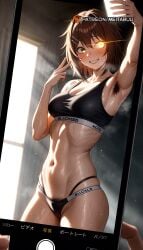 ai_generated arm_up armpit_hair armpits black_panties black_sports_bra blacked blacked_clothing breasts brown_hair cellphone female female_pubic_hair furutaka_(kancolle) glowing glowing_eye grin hair_ornament hairclip heterochromia holding holding_phone meitabuu navel panties phone short_hair small_breasts smile solo sports_bra sweat sweating taking_picture taking_selfie thong underwear yellow_eyes