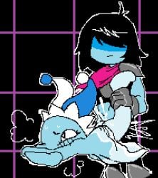1boy 1girls animate_inanimate anthro black_hair blue_body clothed clothing deltarune deltarune_chapter_4 digital_media_(artwork) duo elemental_creature eyelashes female from_behind_position grorby hair headgear headwear human human_on_anthro interspecies kris_(deltarune) low_res male male/female mammal mizzle_(deltarune) penetration pixel_(artwork) sex undertale_(series)