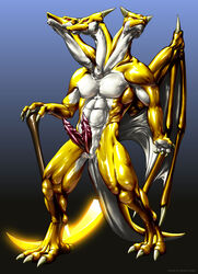 3_heads anthro claws diphallia diphallism dragon erection furry gold golden golden_dragon hemipenes holy hydra kemono_inukai long_neck male male_only multi_head multi_penis muscles no_humans paladin penis red_eyes rune runes solo weapon yellow_dragon yellow_skin