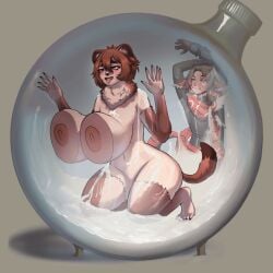 ahe_gao animated anthro ball big_breasts bodily_fluids bottle breasts container cum duo farodor flask genital_fluids glass huge_breasts hyper locked looking_pleasured nipples overweight trapped