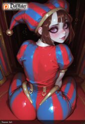 ai_generated armchair ass blush brown_hair dollmaker dollmaker_(artist) female from_behind hat heart-shaped_pupils looking_at_viewer looking_back patreon_logo patreon_username pomni_(the_amazing_digital_circus) short_hair sitting smile solo striped striped_legwear symbol-shaped_pupils tagme the_amazing_digital_circus watermark